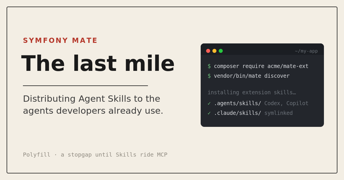 The last mile: distributing Agent Skills to real agents. A terminal shows composer require and mate discover installing skills.