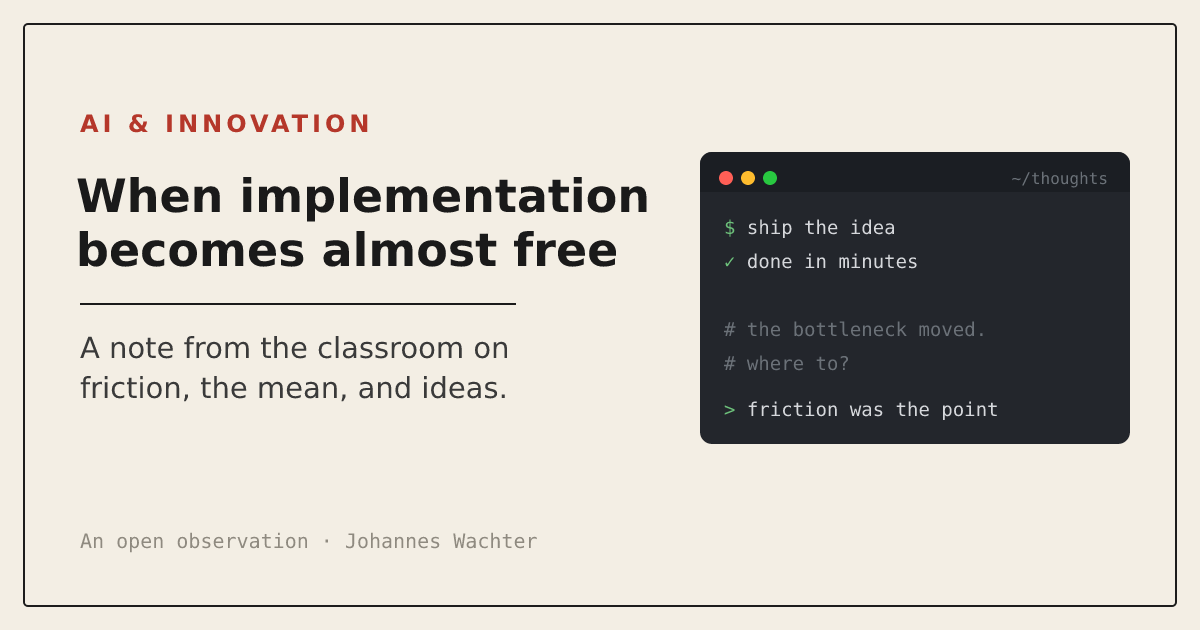 When implementation becomes almost free. A terminal card reads: ship the idea, done in minutes, the bottleneck moved, where to?